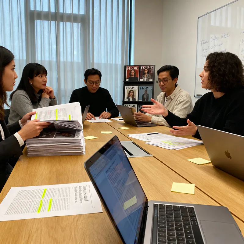 Rédaction de Femme Magazine en séance de travail éditorial et vérification de sources