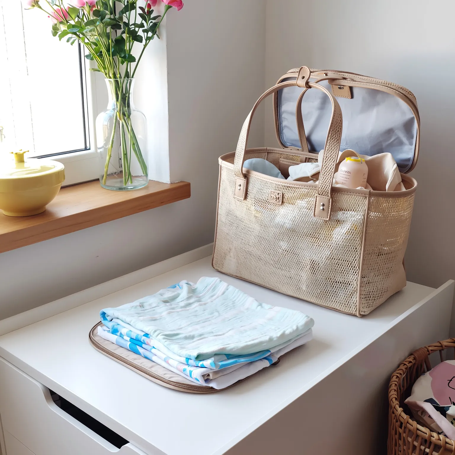 Espace familial organisé avec accessoires de bébé rangés, sac à langer et objets de puériculture dans un intérieur doux et lumineux.