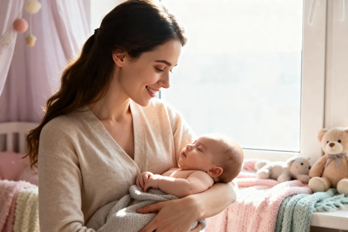 Maman souriante tenant son bébé dans ses bras dans un intérieur lumineux et apaisant, moment de tendresse et de complicité.