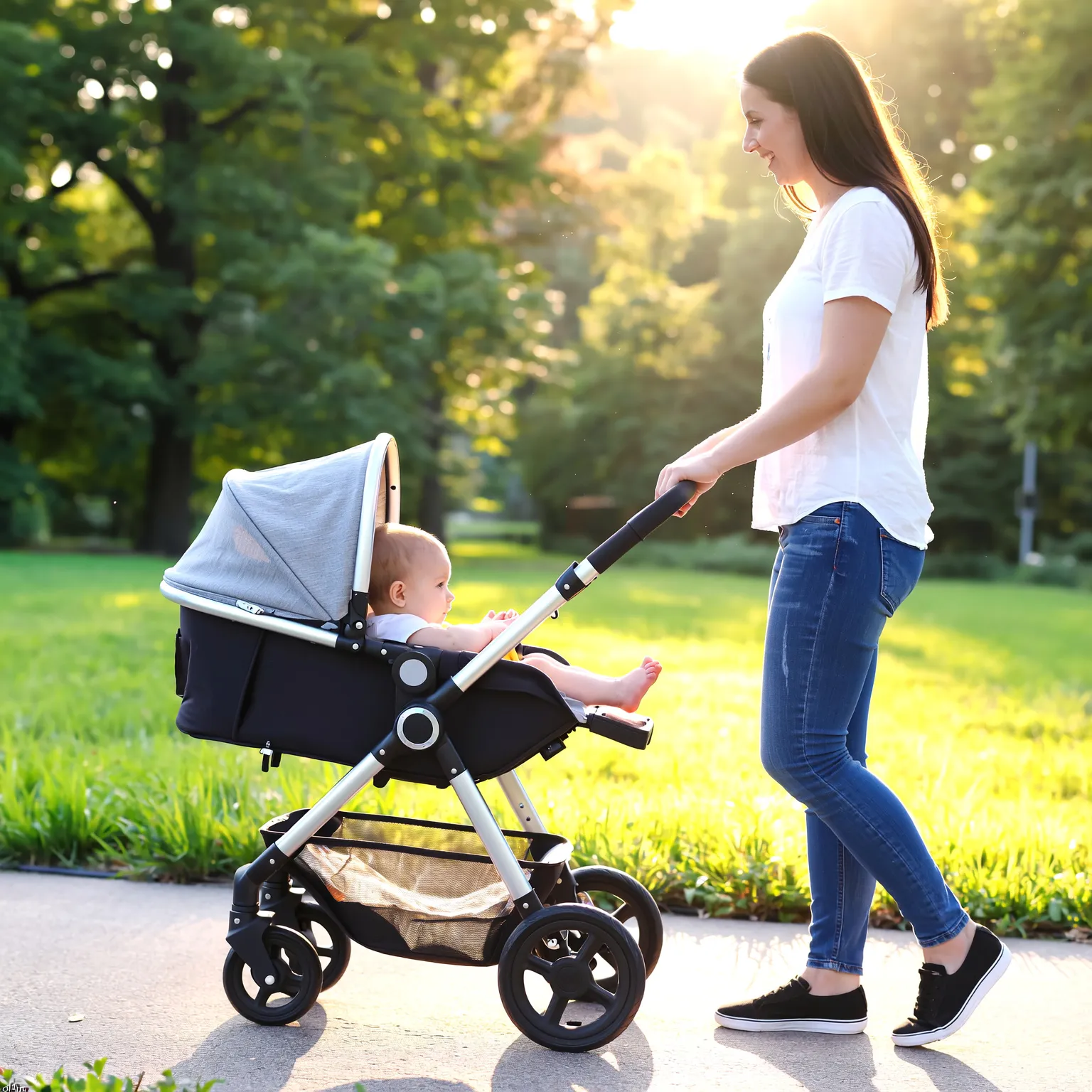 Jeune maman promenant son bébé en poussette compacte dans un parc ensoleillé, moment complice et apaisé.