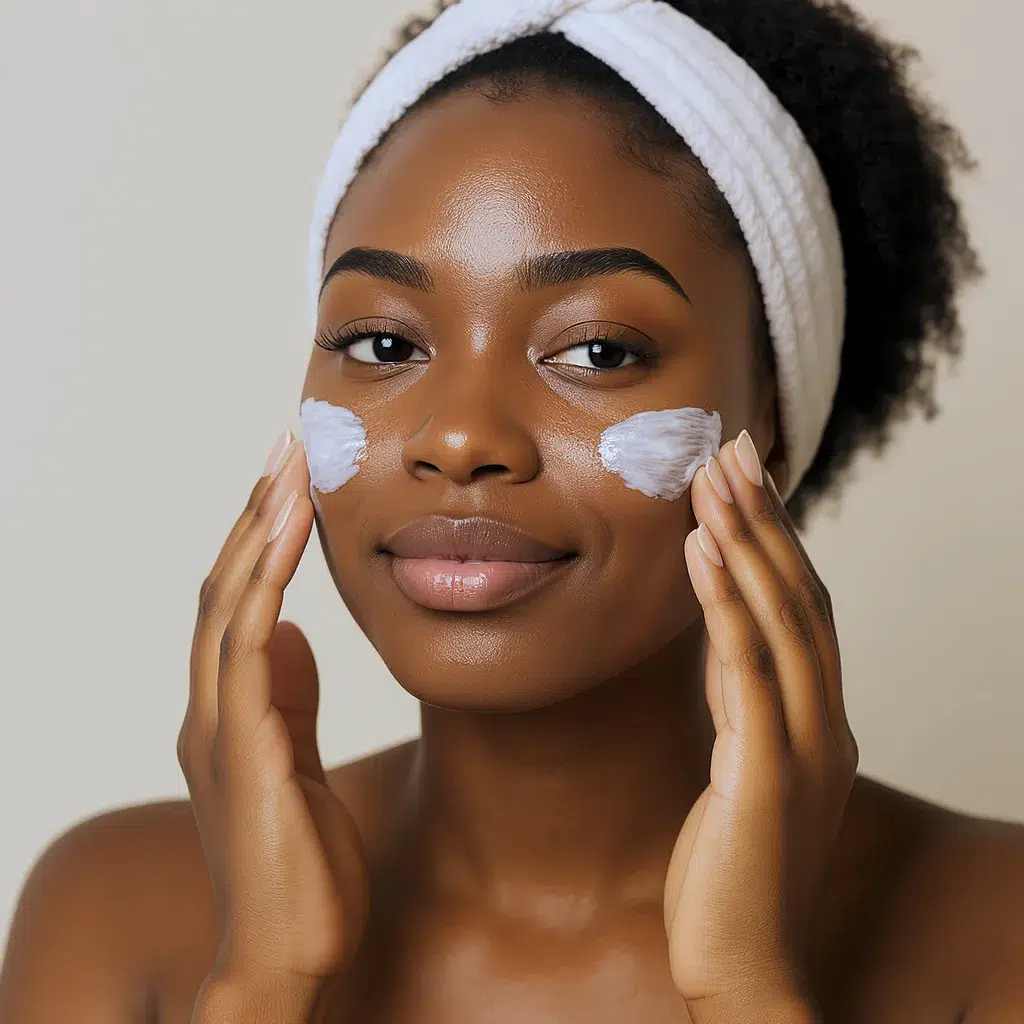 Femme noire appliquant un soin hydratant naturel sur son visage pour une peau éclatante et uniforme