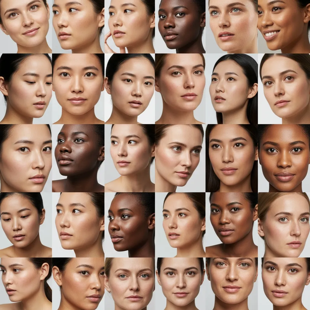 Mosaïque de visages féminins aux différentes carnations illustrant la diversité des types de peau et des besoins en soins.