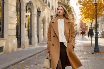 Femme portant un manteau long camel et des bottes hautes dans une rue parisienne, look automne-hiver chic et moderne.