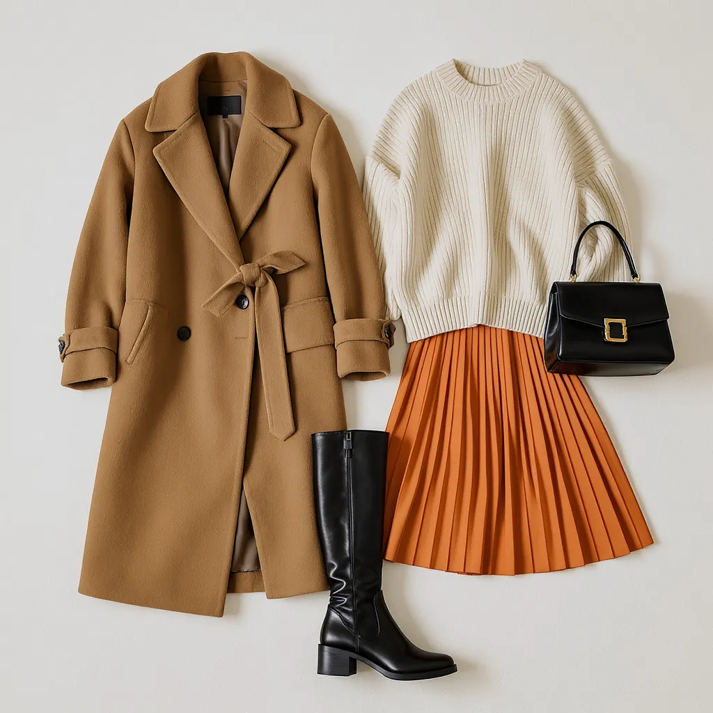 Sélection de vêtements femme automne-hiver avec manteau en laine, jupe plissée et bottes hautes.