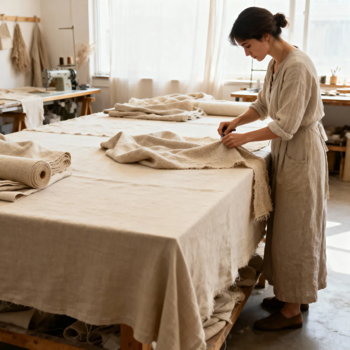 Atelier de couture contemporain avec tissus naturels étalés sur une grande table lumineuse et outils créatifs.