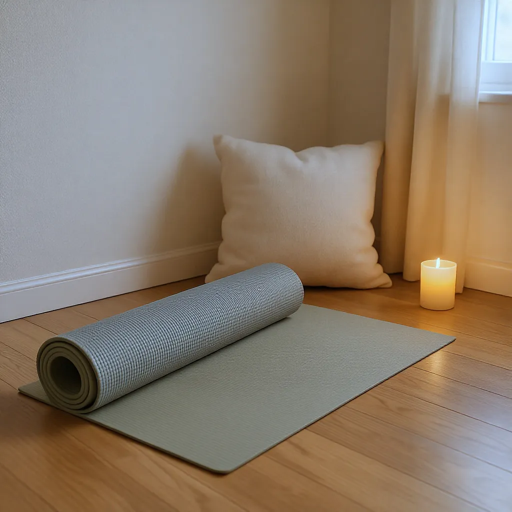 Tapis de yoga, coussin et bougie pour créer un coin zen à la maison 