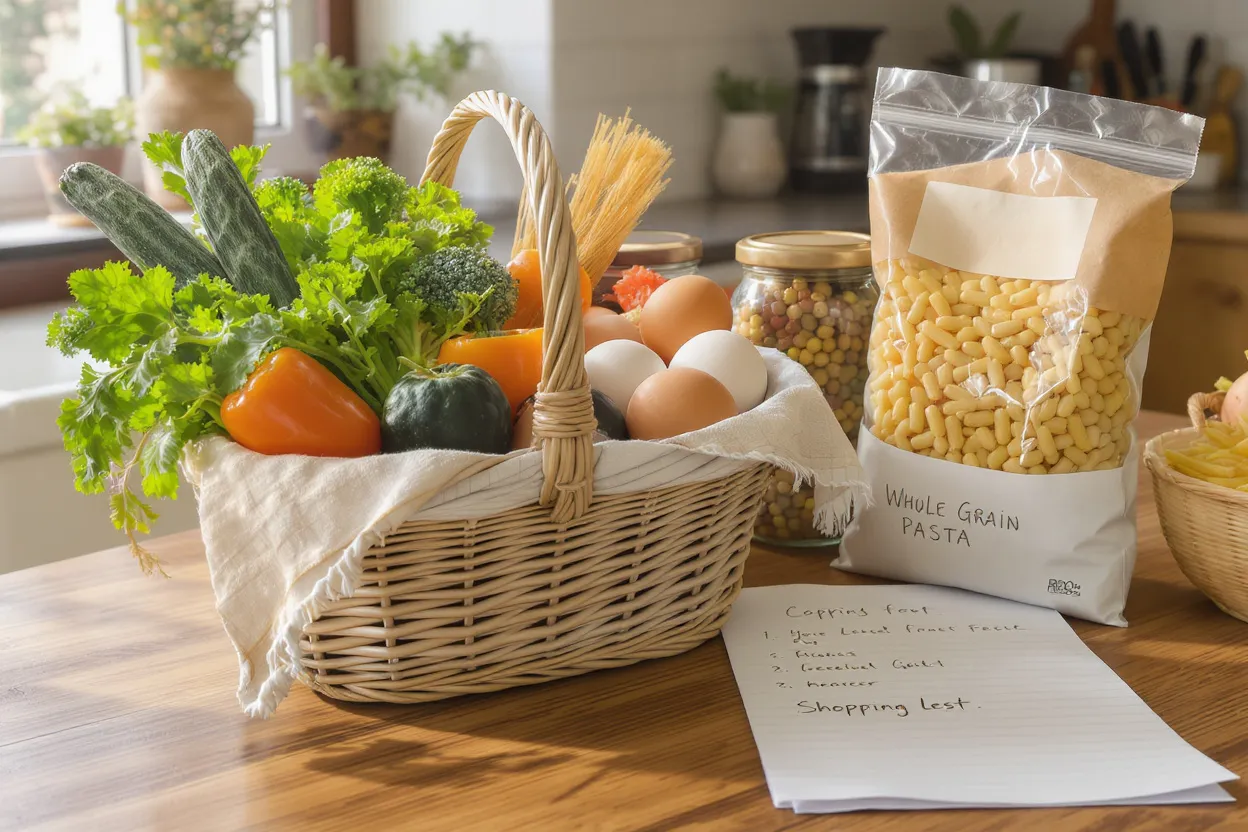 Panier hebdomadaire composé de légumes de saison, œufs et légumineuses pour une alimentation saine et économique au quotidien.