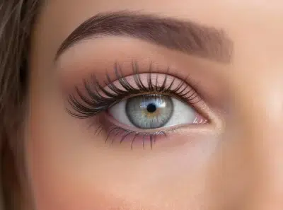 Magnifique oeil femme bleu vert regard agrandi grave a mascara volume pour cils et sourcil afiné