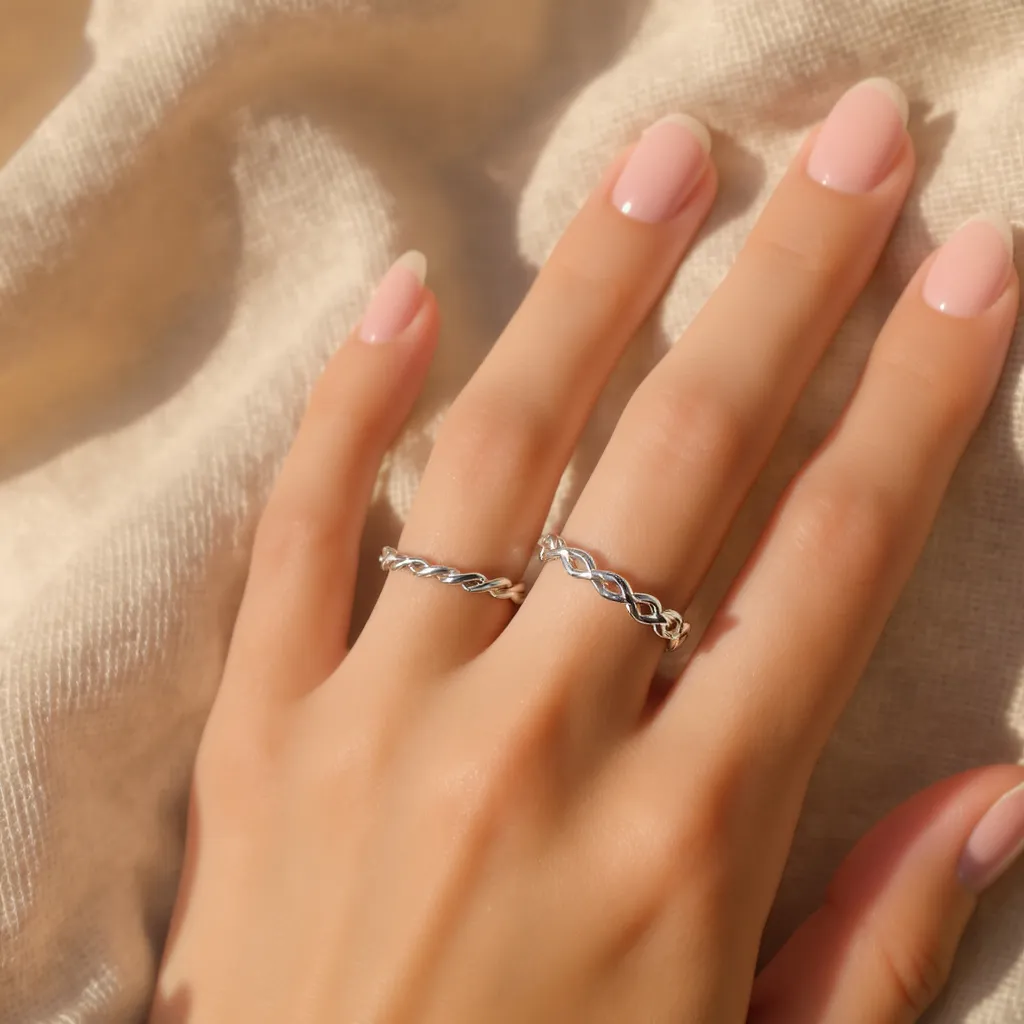 Bague torsadée argentée sur main féminine, style bohème chic