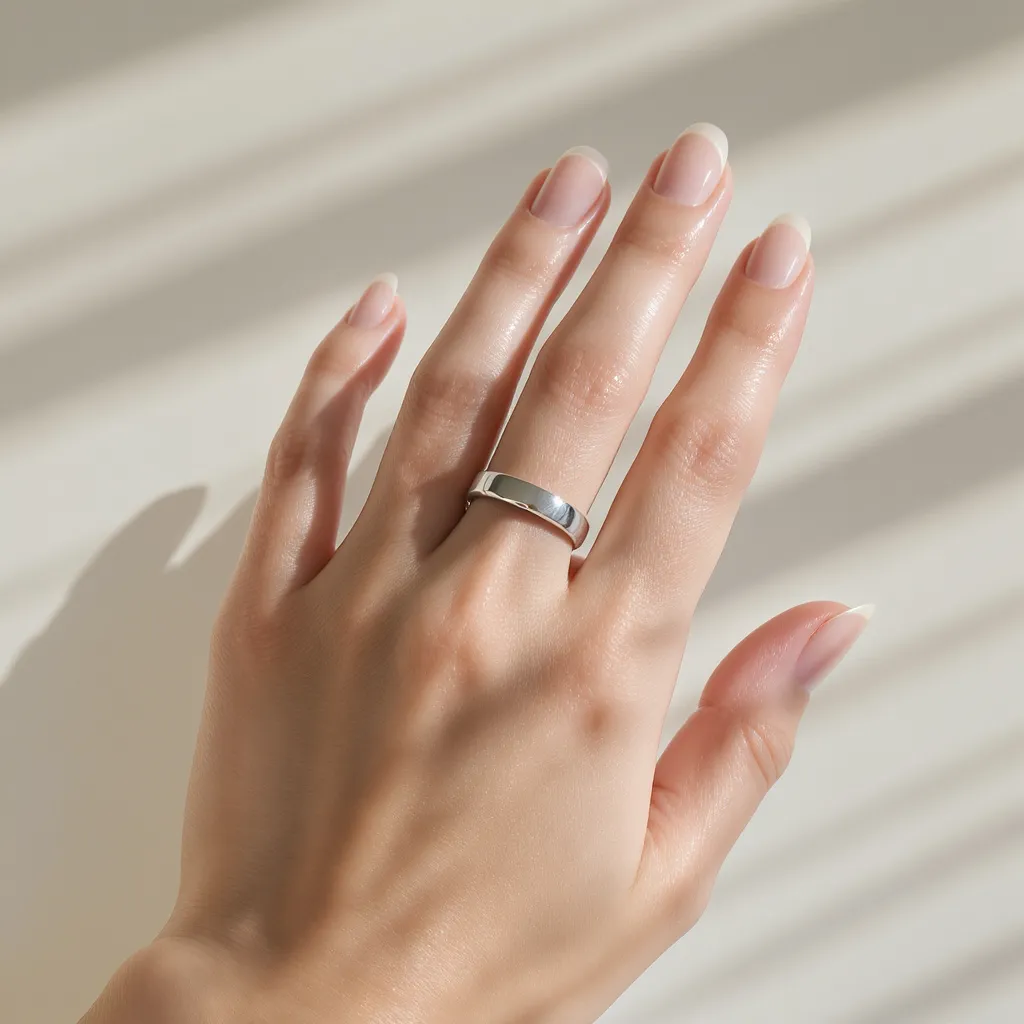 Femme portant une chevalière argentée au style chic et affirméL