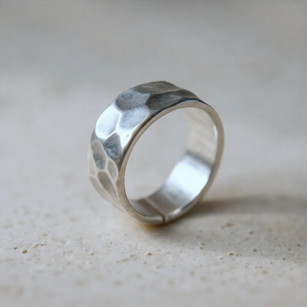 Main féminine portant une bague martelée en argent, texture artisanale moderne