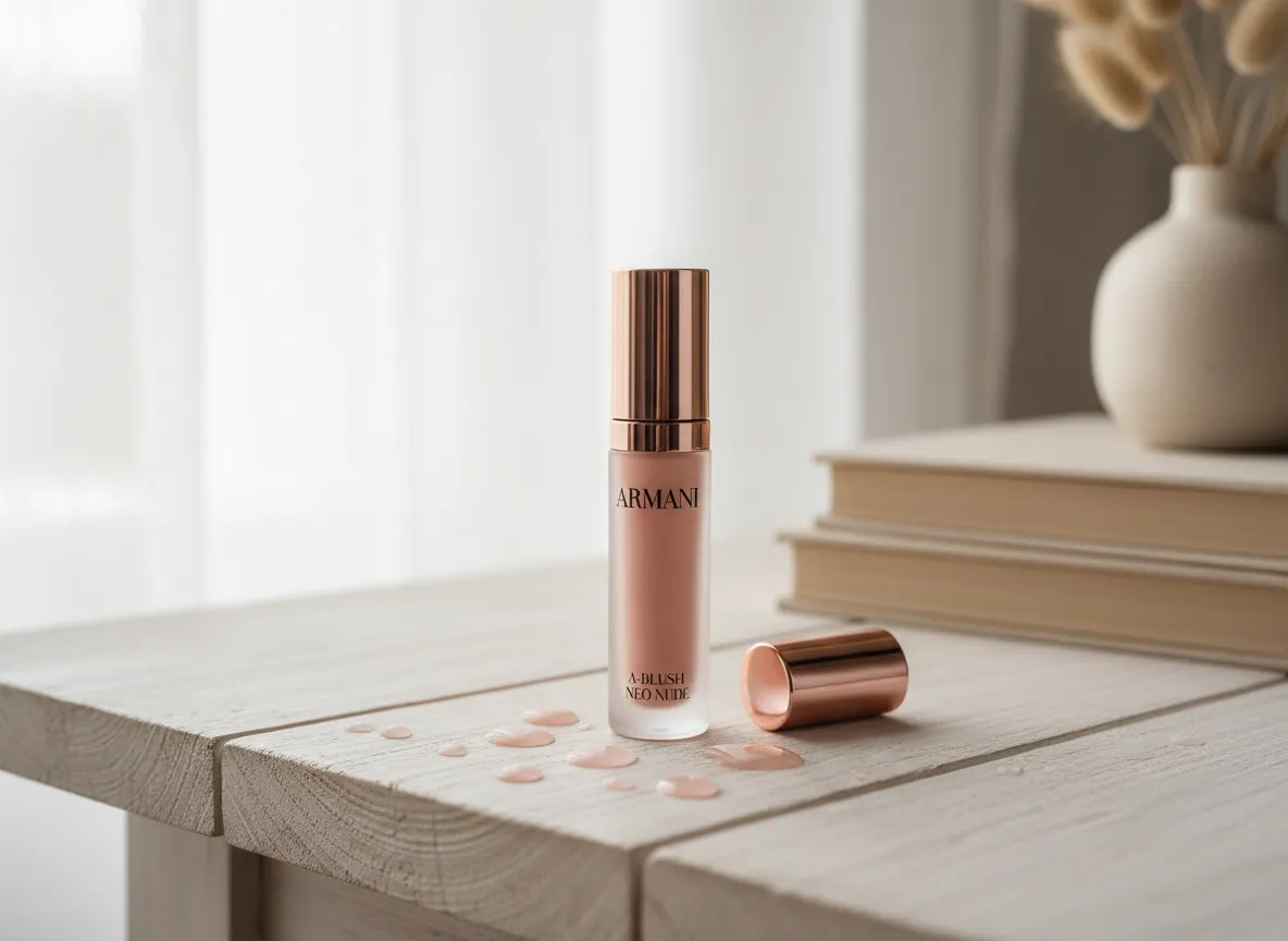Blush liquide Armani A-Blush Neo Nude posé sur une table dans un décor neutre pour illustrer sa texture naturelle et légère