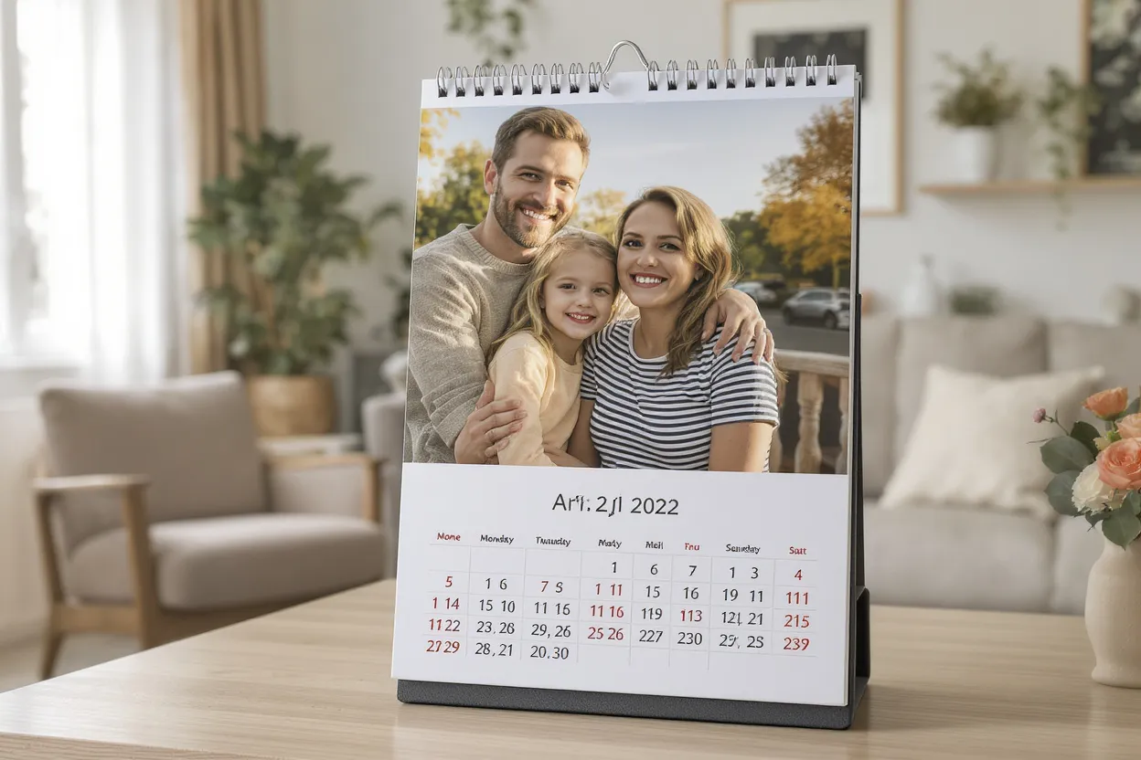 Calendrier photo personnalisé accroché dans un salon lumineux, souvenir émotionnel à redécouvrir chaque mois
