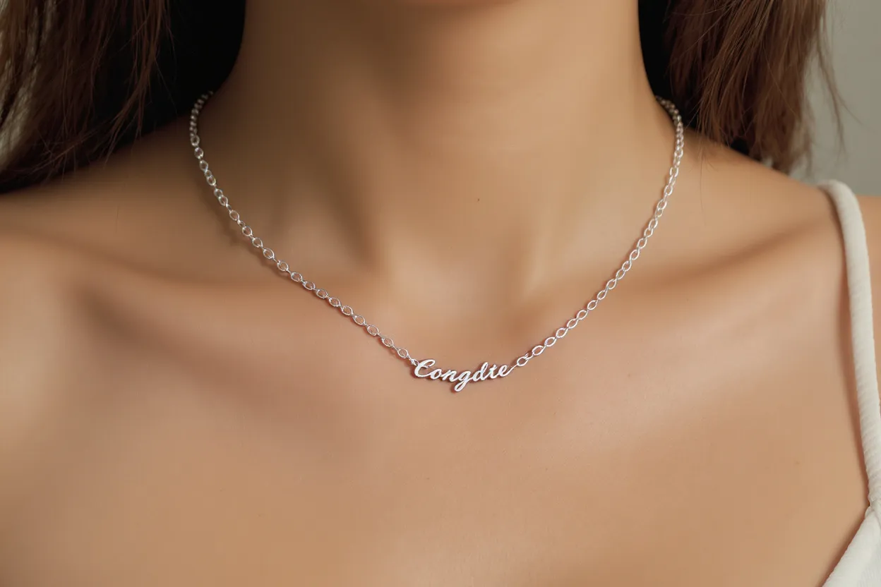 Collier en argent gravé porté sur peau féminine, cadeau symbolique et durable.