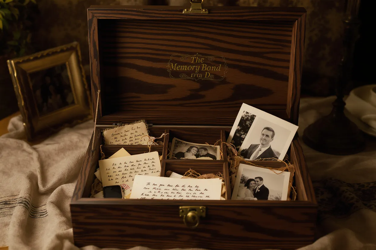 Boîte à souvenirs en bois remplie de lettres, photos et objets personnels, symbole d’un lien fort et intime.