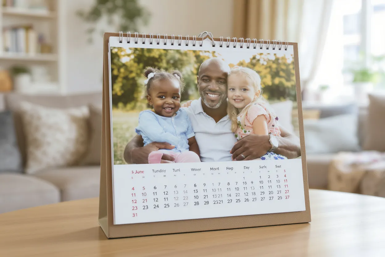 Calendrier photo personnalisé affiché dans un salon lumineux, souvenir émotionnel à revivre chaque mois.