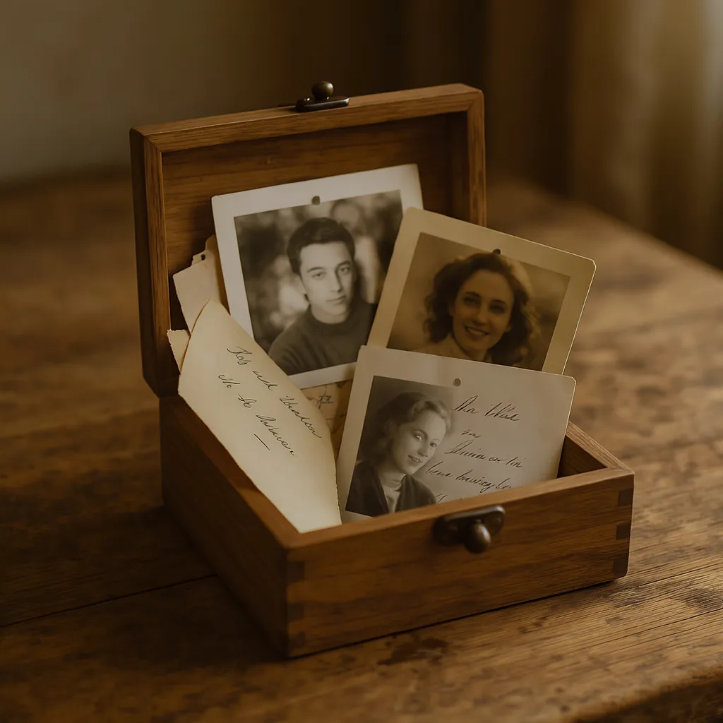 Petit coffret en bois contenant des photos, lettres et souvenirs, posé sur une table, style artisanal.