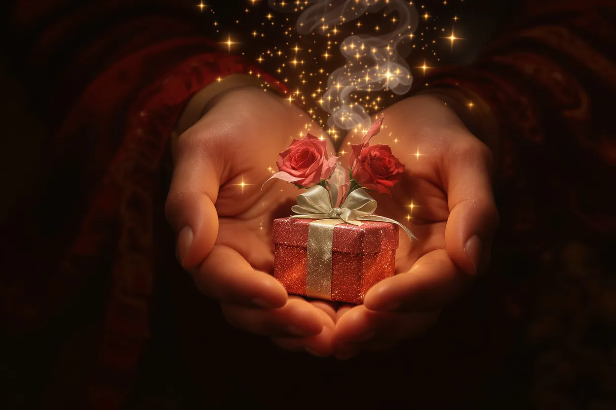 Mains tenant un petit cadeau rouge scintillant orné de roses, symbole d’amour et de tendresse.