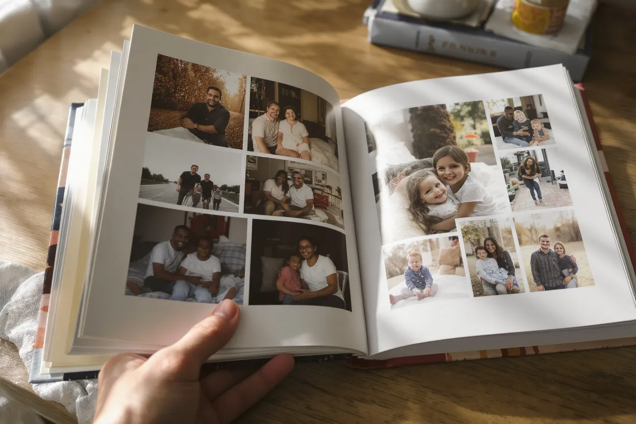 Album photo émotionnel feuilleté à la main, rempli de souvenirs et d’émotions partagées.