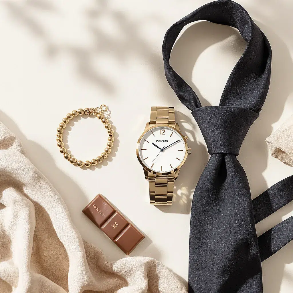 flat lay d'Accessoires élégants issus d’un calendrier de l’Avent pour homme : montres, soins, chocolats et objets design