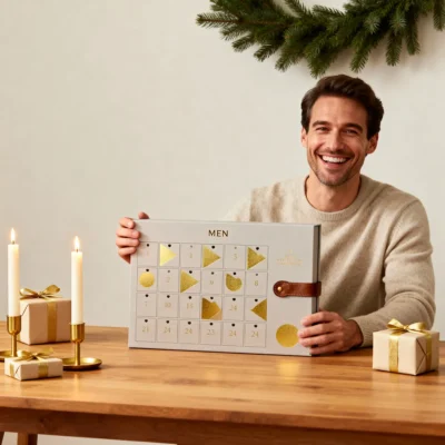 Un homme heureux recoit son cadeau calendrier de l'avent sur une table avec déco noel