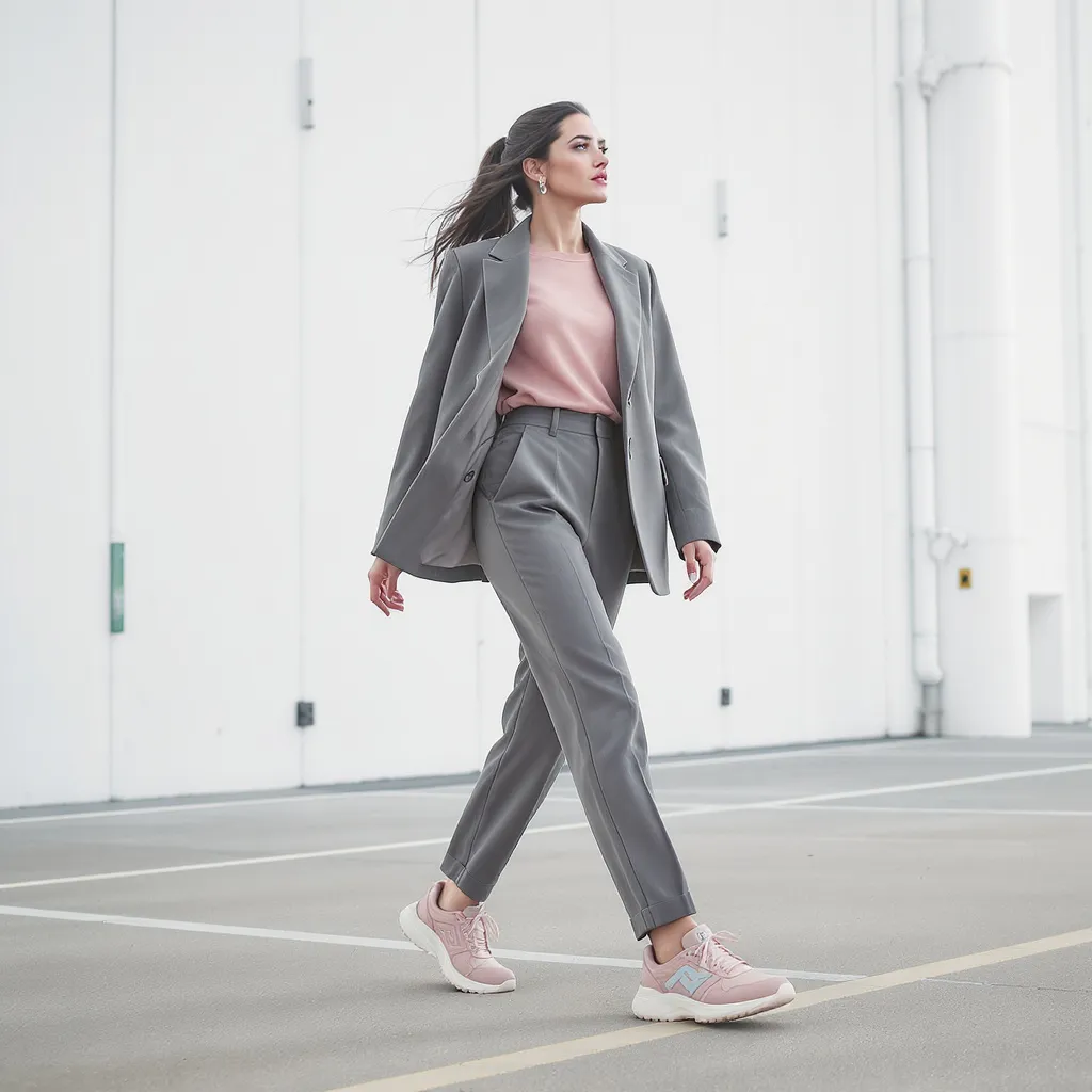 Belle femme en blazer et chaussures de sécurité femme modernes alliant protection, confort et design élégant sur un lieu de travail
