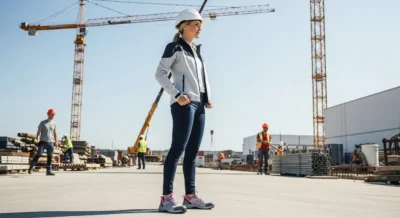 Femme de chantier portant des chaussures de sécurité élégantes et confortables, combinant style et protection au travail