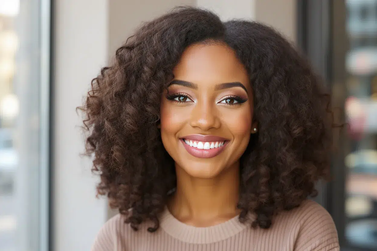 belle femme aux Cheveux bouclés parfaitement définis, brillants et souples après une routine complète et hydratante.