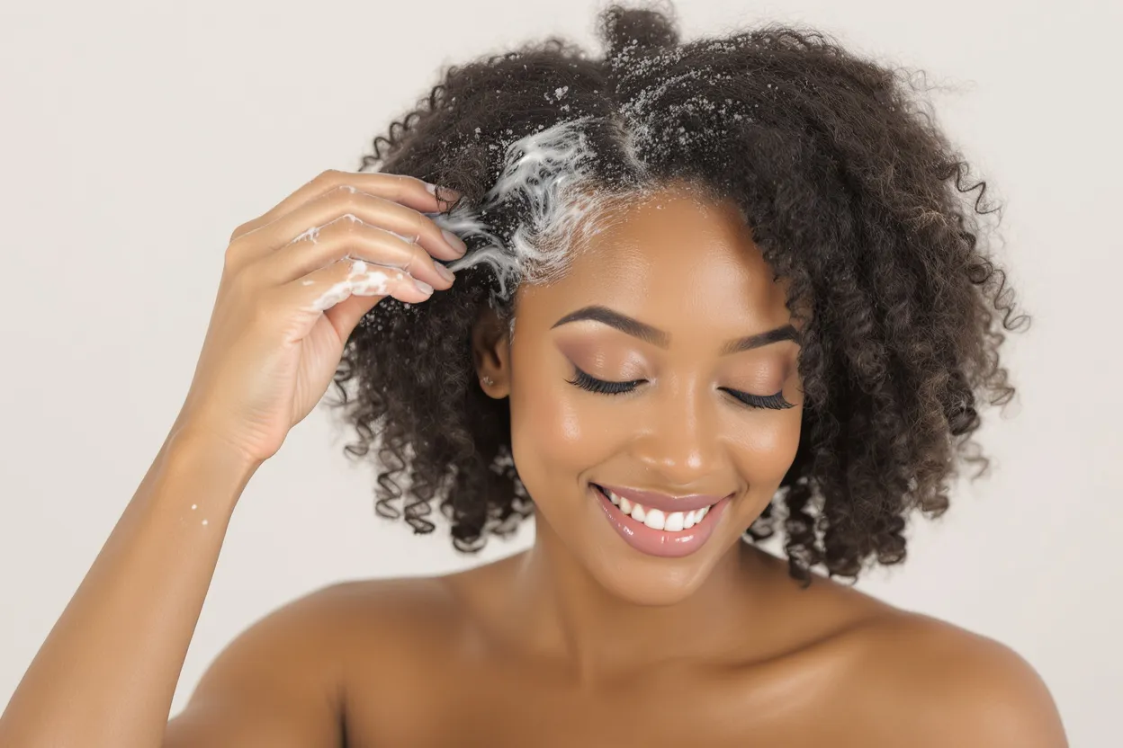 Femme appliquant une crème hydratante sur ses cheveux bouclés après le shampoing pour nourrir et définir ses boucles naturelles