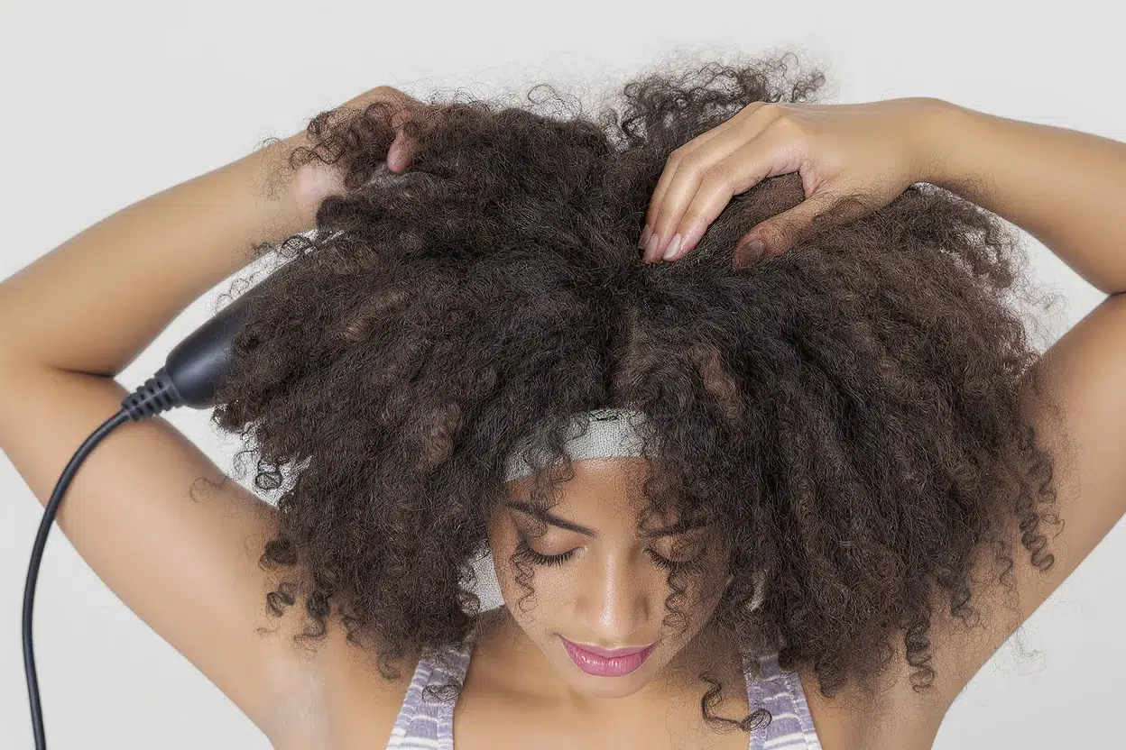 Séchage naturel tête en bas au diffuseur pour conserver la définition et le rebond des cheveux bouclés