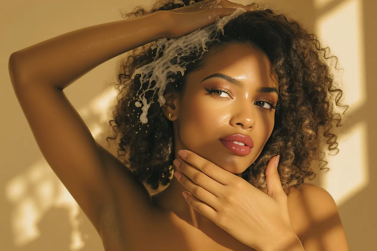 belle Femme métisse pendant sa routine capillaire cheveux bouclés appliquant une crème hydratante