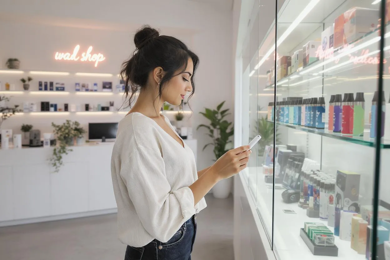 Ambiance lifestyle positif, femme réflexion pour choisir un produit vape adapté en boutique