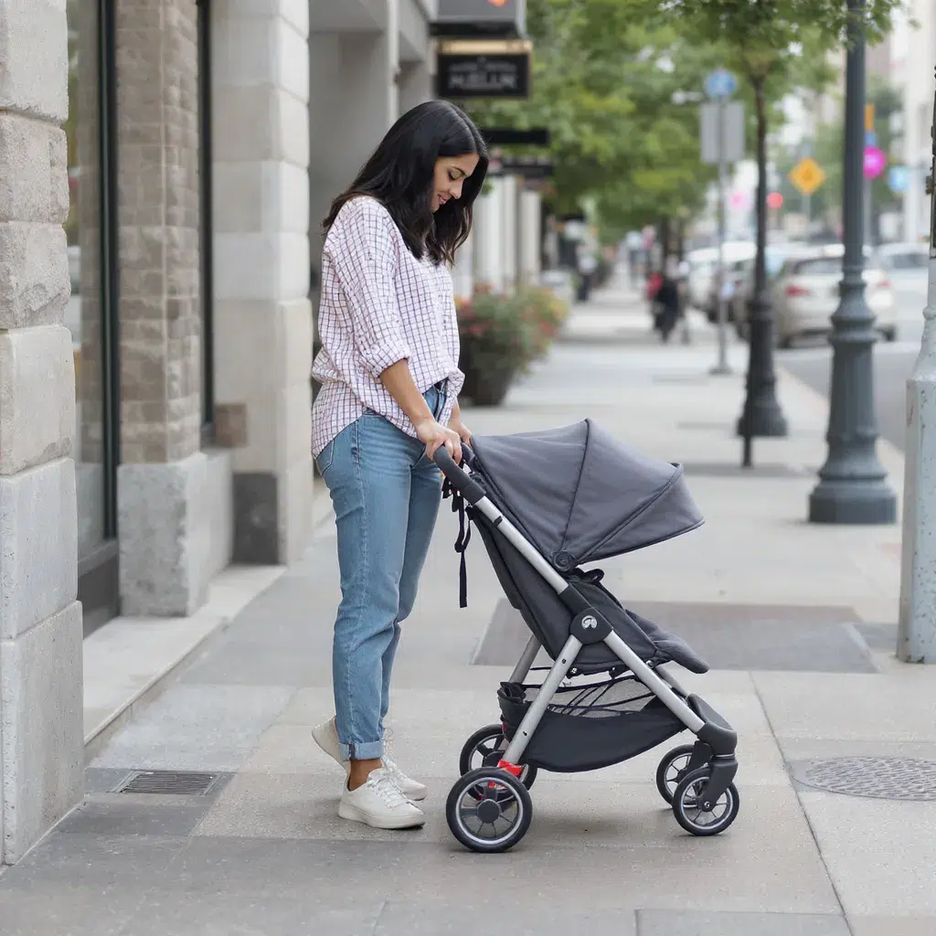 Maman avec poussette compacte pliable d'une main sur un trottoir urbain, illustrant une utilisation fluide et pratique au quotidien