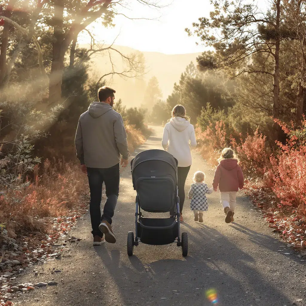 Famille utilisant une poussette tout-terrain lors d’une promenade nature, montrant stabilité et confort sur chemins irréguliers.