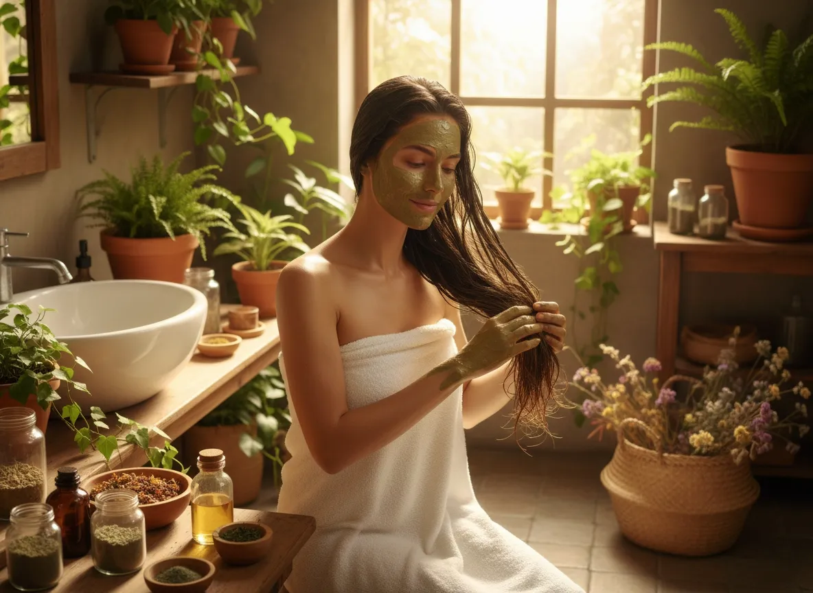 Application d’un masque visage et capillaire détox pour préparer le cheveu et améliorer la tenue d’une future coloration végétale.