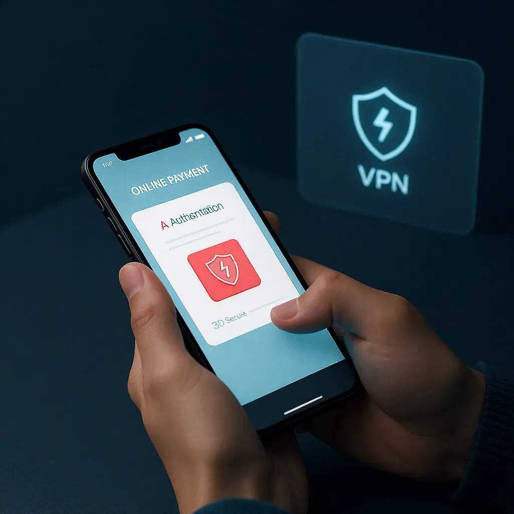 Paiement en ligne protégé via 3D Secure et VPN actif, combinant protection bancaire et sécurité contre les cyberattaques.