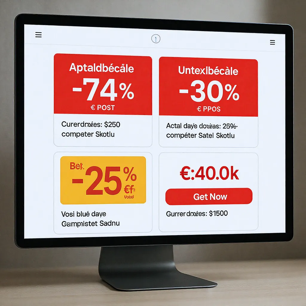 Page de promotion suspecte affichant des réductions irréalistes et un compte à rebours destiné à pousser l’acheteur à agir vite.