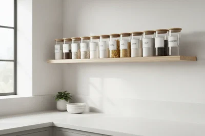 Étiquettes personnalisées élégantes sur bocaux de cuisine pour un rangement esthétique et pratique