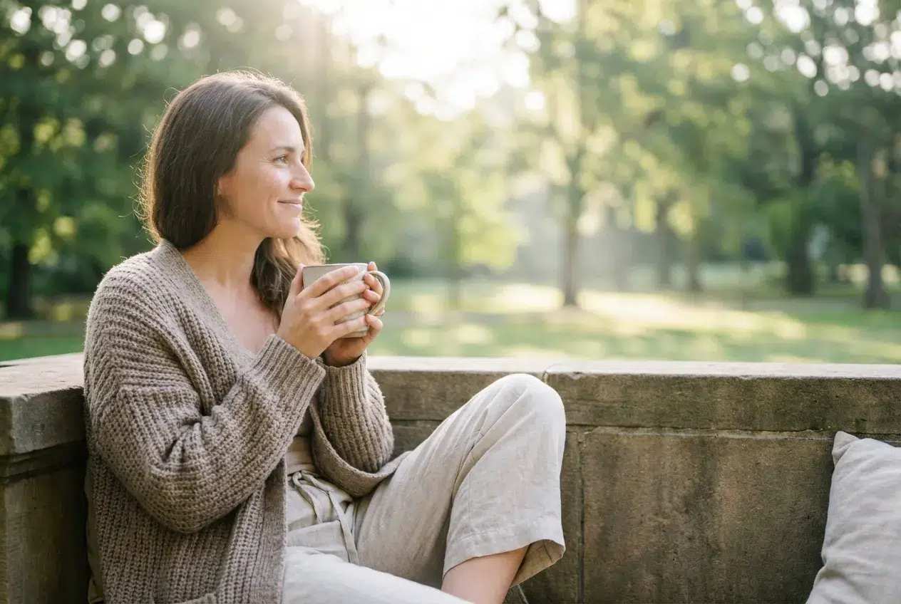 Femme assise en extérieur au petit matin, regard apaisé, atmosphère lumineuse symbolisant un début de sevrage tabagique en douceur