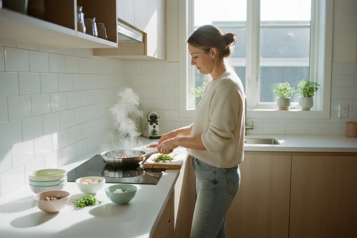 Femme préparant un repas dans une cuisine moderne lumineuse, symbole d’un rapport plus libre, plus créatif et plus choisi à la cuisine.