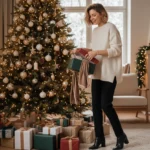 belle jeune femme stylée moderne stylée très heureuse en ouvrant cadeaux sous sapin.