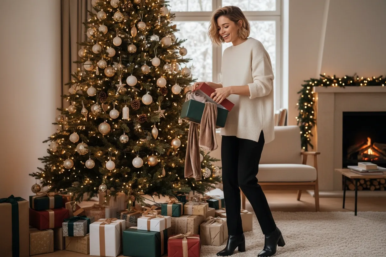 idees-cadeaux-femme-noel (3) belle jeune femme stylée moderne stylée très heureuse en ouvrant cadeaux sous sapin.