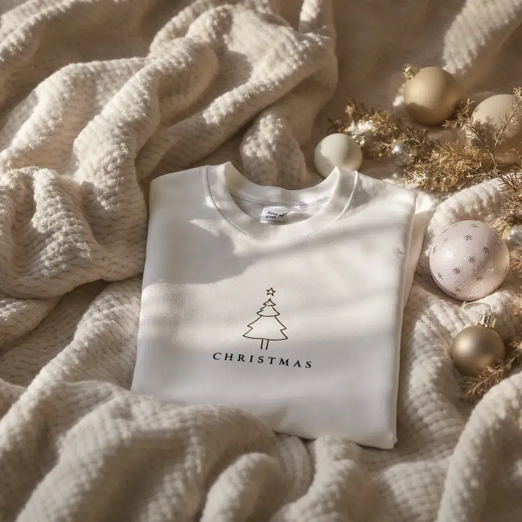 t-shirt personnalisé posé sur un lit avec des décorations de noël ambiance chaleureuse cadeau attentionné