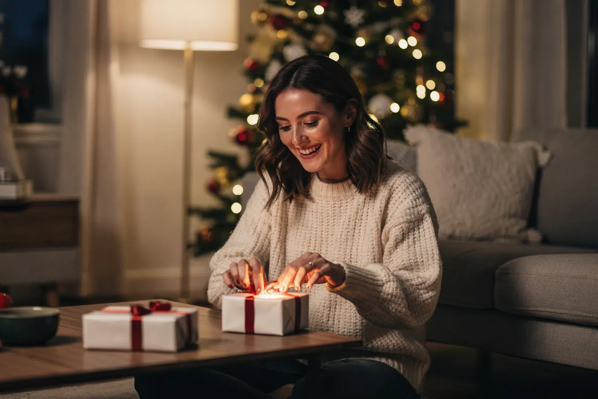 Femme ouvrant un cadeau de Noël avec un sourire surpris et touché dans une ambiance chaleureuse