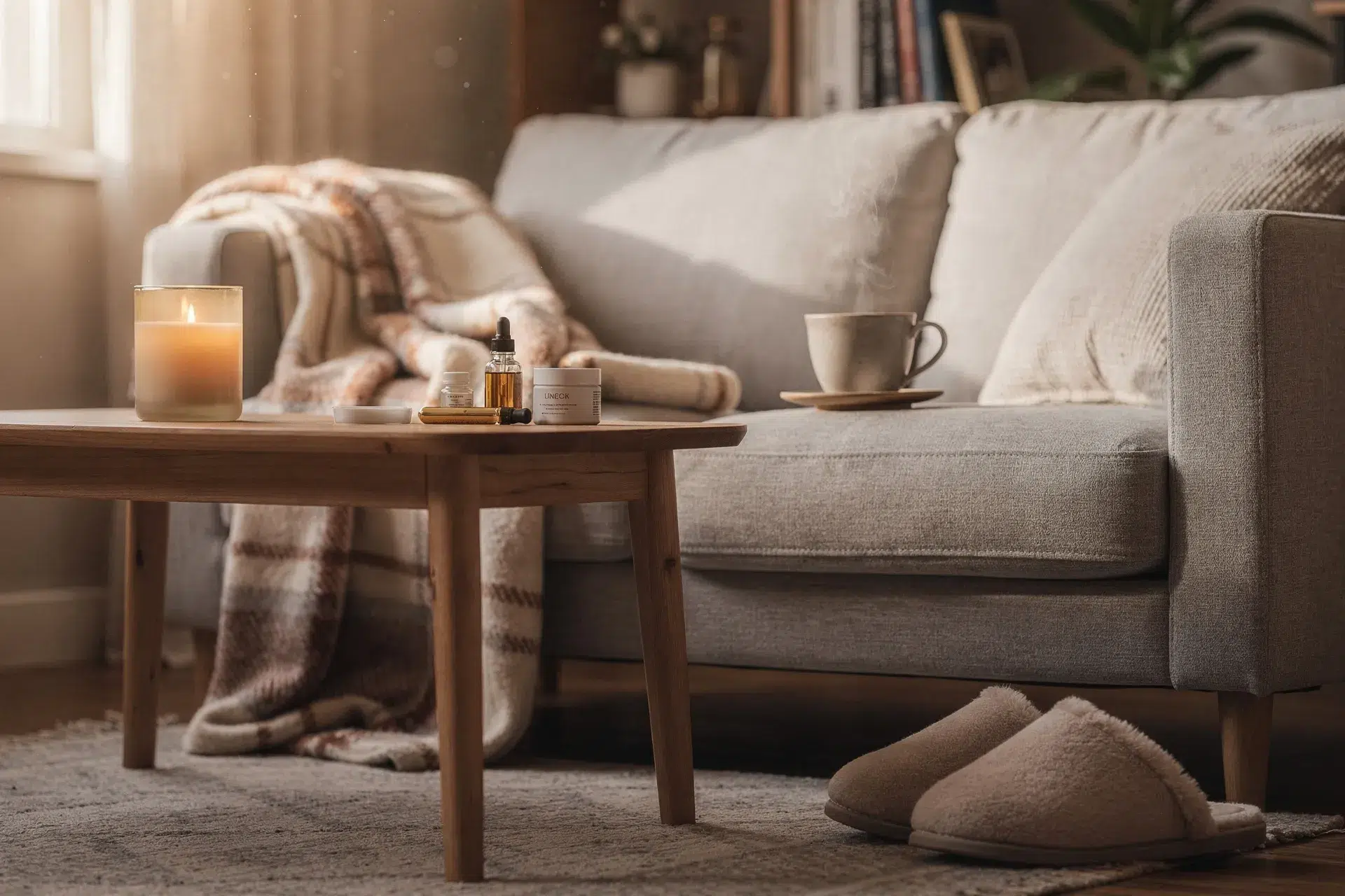 Ambiance cadeau féminine cosy avec plaids, bougies parfumées et accessoires détente