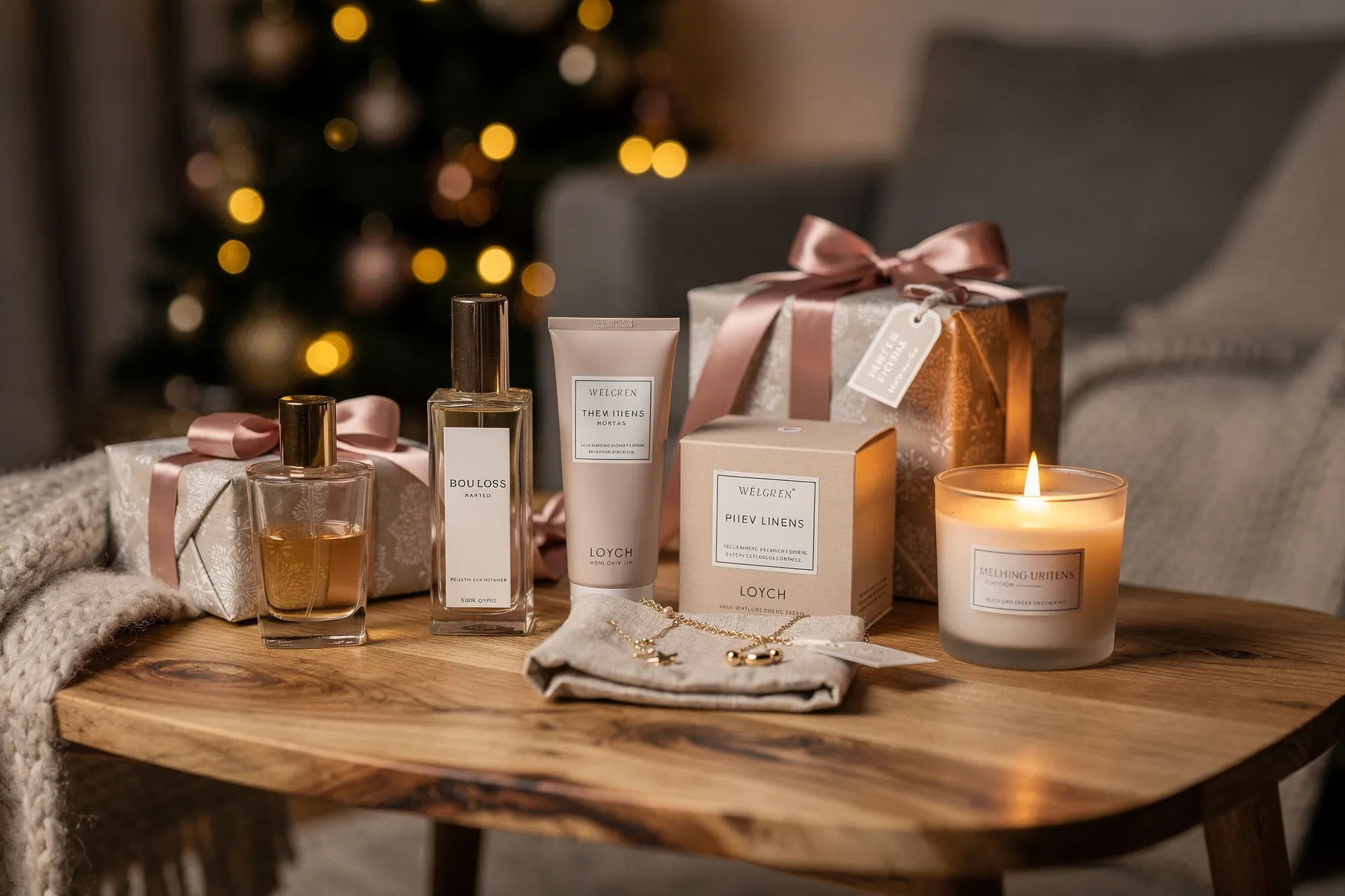 Sélection de cadeaux féminins de Noël posés sur une table cosy avec parfums, soins, bijoux et bougies dans une ambiance chaleureuse.