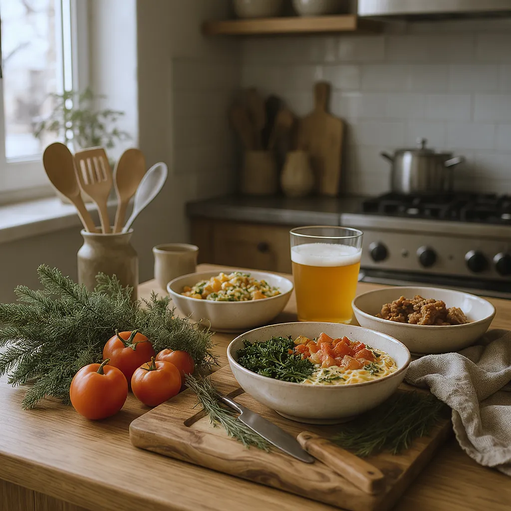 Ustensiles et ingrédients disposés pour la préparation du repas de Noël afin de montrer comment organiser les étapes la veille du réveillon.