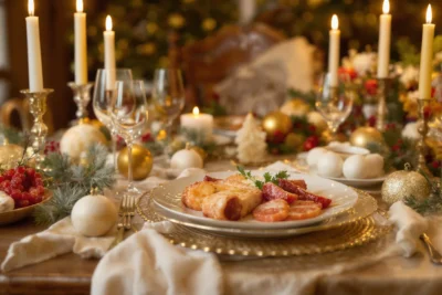 Table de Noël chaleureuse avec plats traditionnels et décorations élégantes mise en scène pour inspirer un menu festif simple et raffiné.