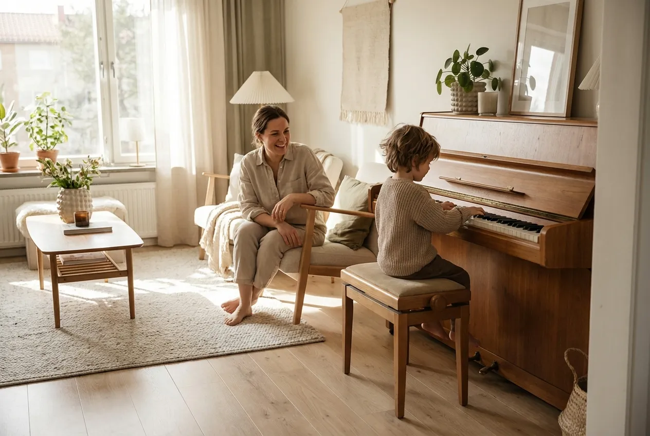 Enfant apprenant le piano dans un salon chaleureux, accompagné de sa maman très fière, lumière douce et ambiance familiale sereine.