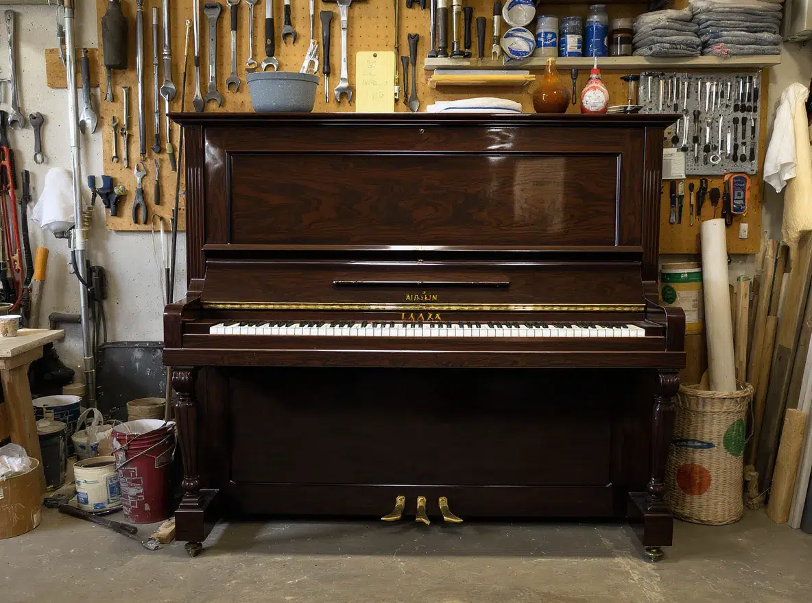 Piano droit d’occasion révisé dans un atelier professionnel, éclairage doux et ambiance artisanale.
